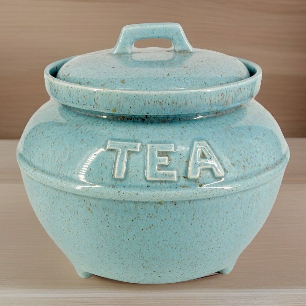 MCM California Pottery USA Tea Canister Vintage Ceramic Speckled Blue Footed